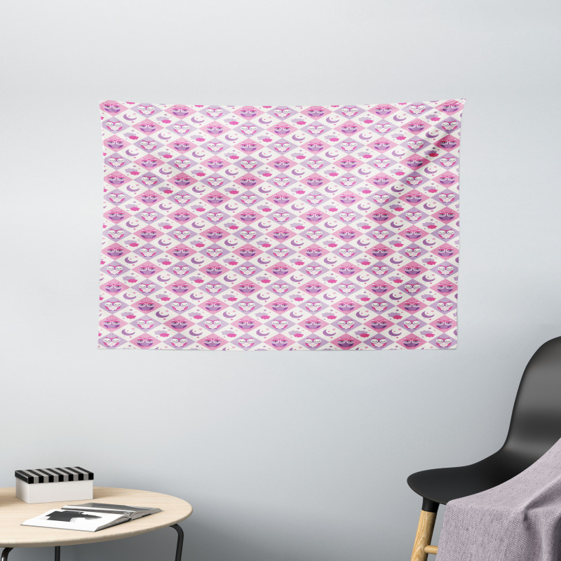 Checkered Pattern Owls Wide Tapestry