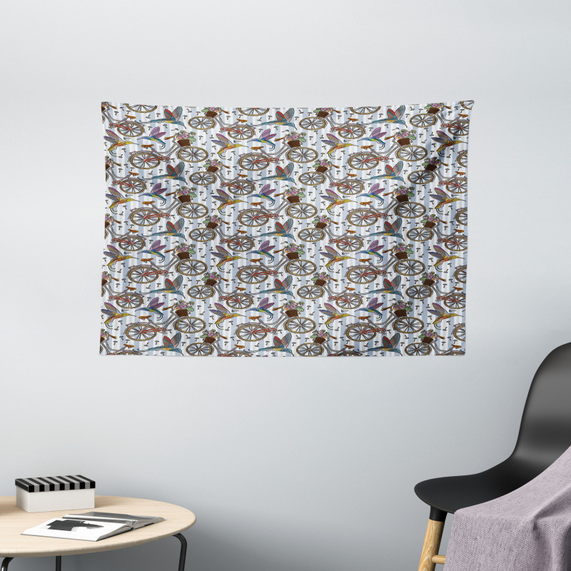 Nostalgic Flower Bird Wide Tapestry