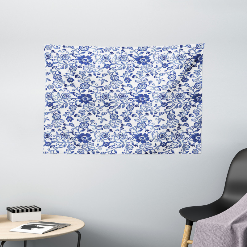 Vibrant Blue Flowers Wide Tapestry
