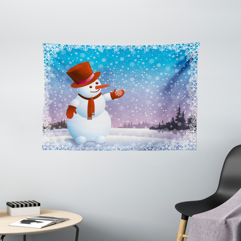 Happy Cartoon Snowfall Wide Tapestry