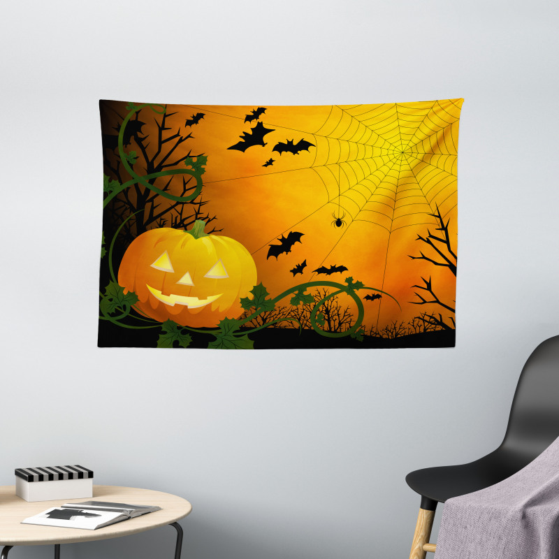 Pumpkin Leaves Bats Wide Tapestry