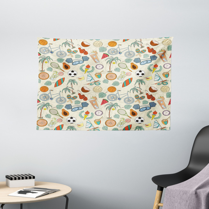 Cartoon Style Elements Wide Tapestry