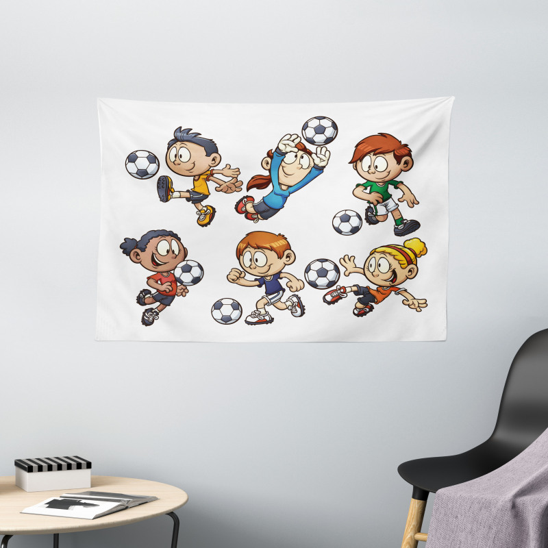 Cartoon Kids Playing Wide Tapestry