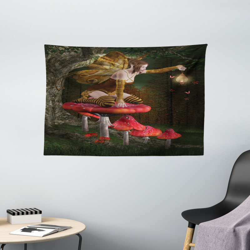 Mythical Fairy Mushroom Wide Tapestry