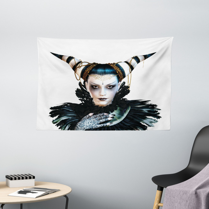 Gothic Lady Hair Horns Wide Tapestry