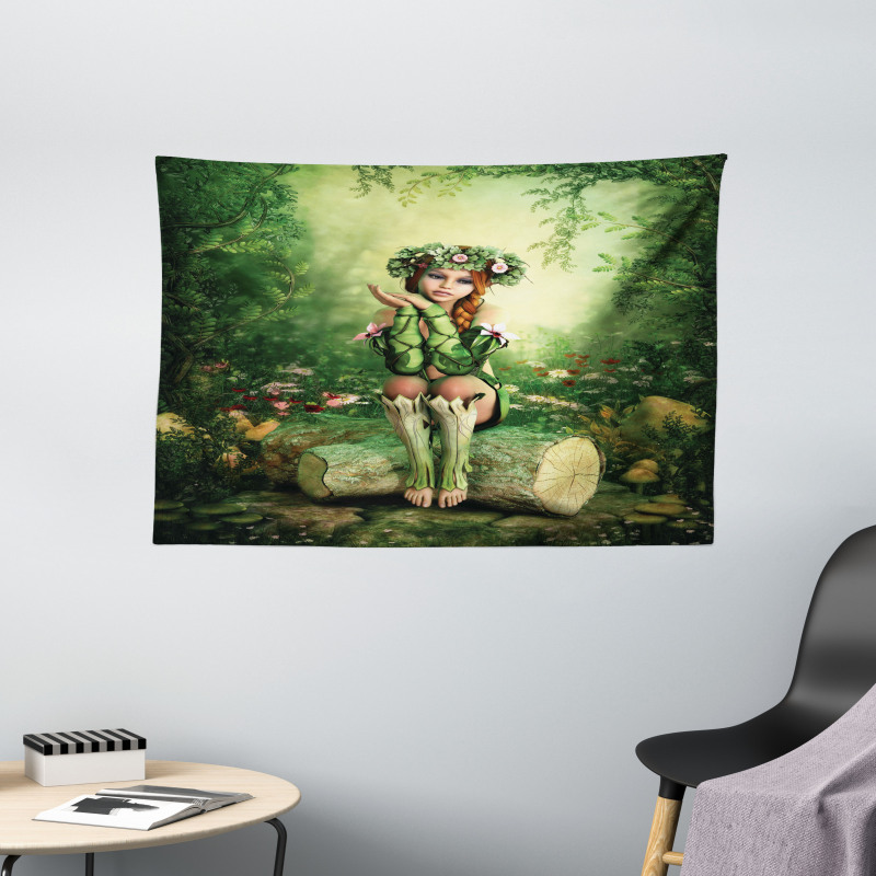 Elf Girl with Wreath Tree Wide Tapestry