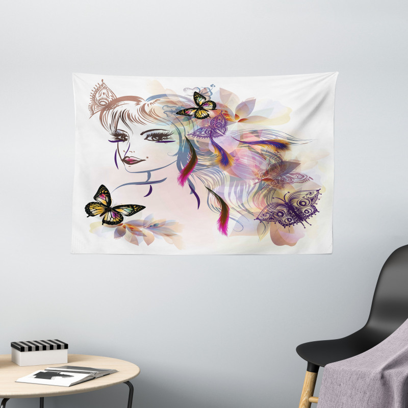 Butterflies with Girl Wide Tapestry