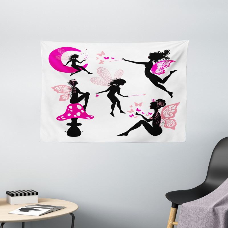 Silhouette of Winged Girl Wide Tapestry