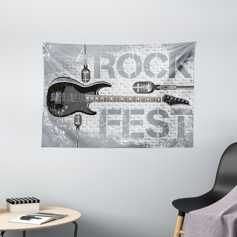 Guitar on Brick Wall Wide Tapestry