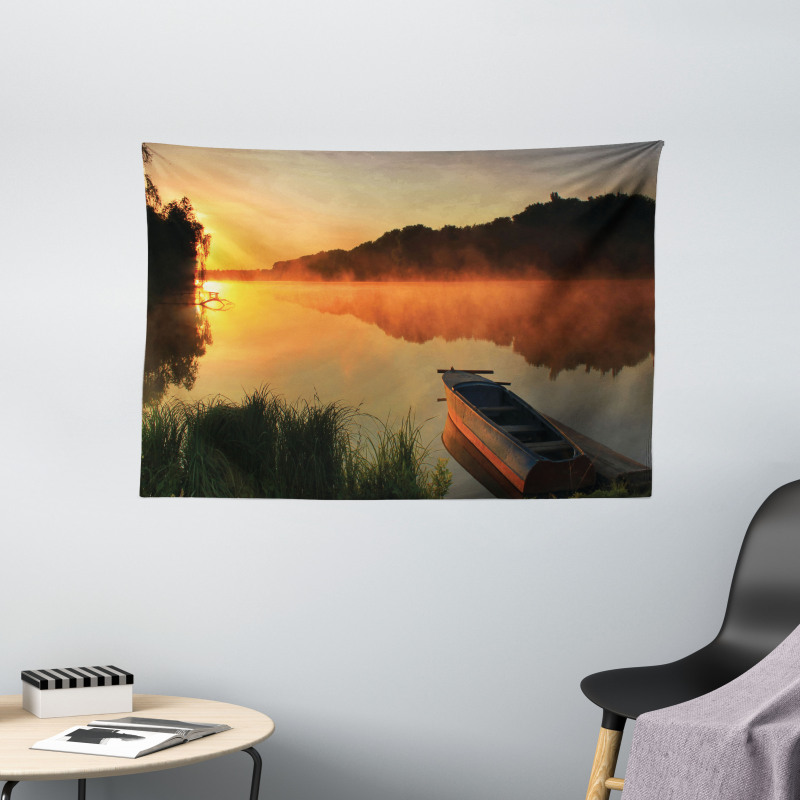 Boat on Misty Shoreline Wide Tapestry