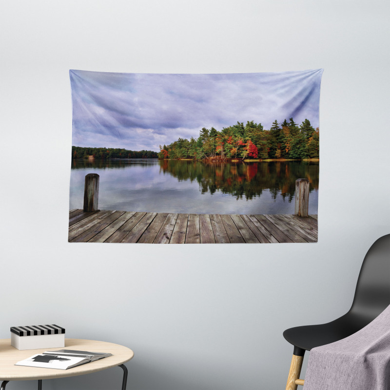 Wooden Dock Fall Splendor Wide Tapestry