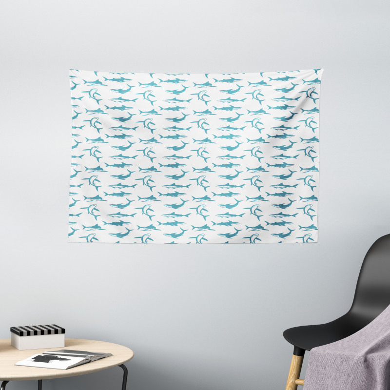 Scary Predators with Fins Wide Tapestry