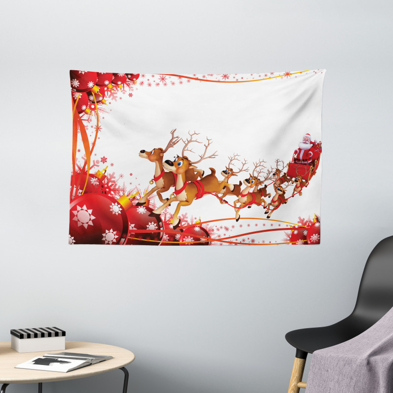 Xmas Balls and Reindeers Wide Tapestry