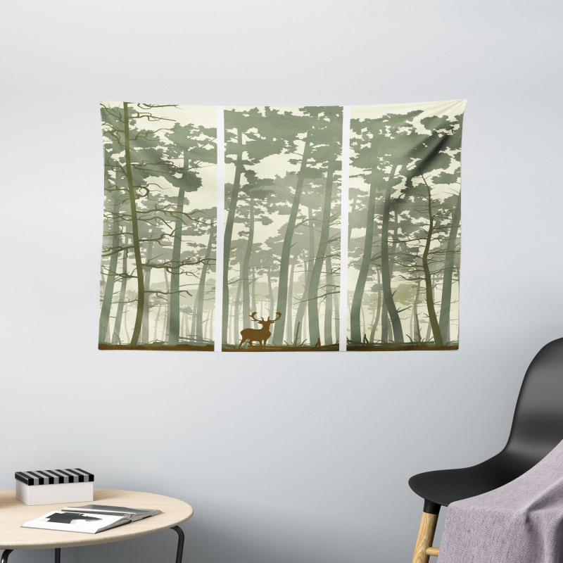 Pine Trees Deer Motif Wide Tapestry