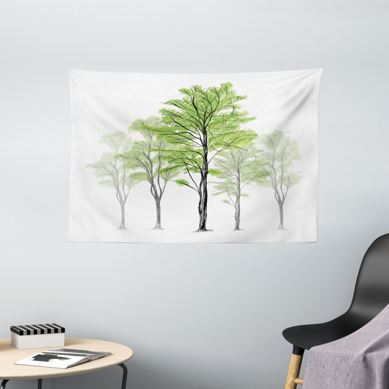 Hand Drawn Nature Motif Wide Tapestry