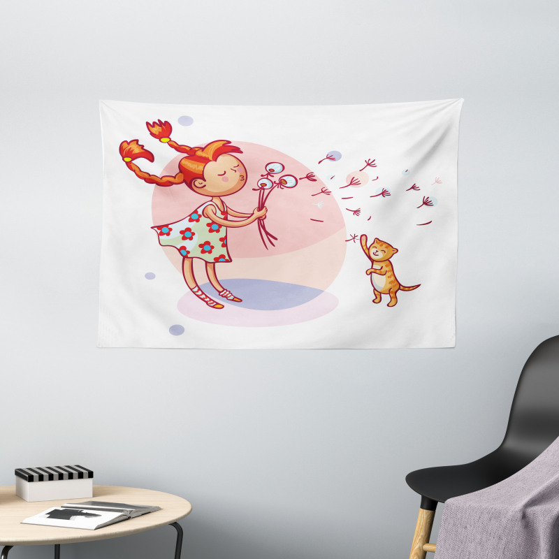 Cartoon Girl and Cat Wide Tapestry