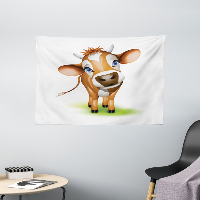 Cow with Blue Eyes Grass Wide Tapestry