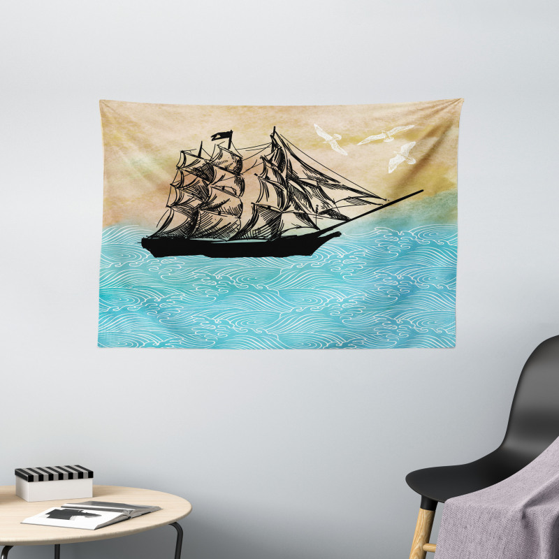 Vintage Ship Motif Wide Tapestry