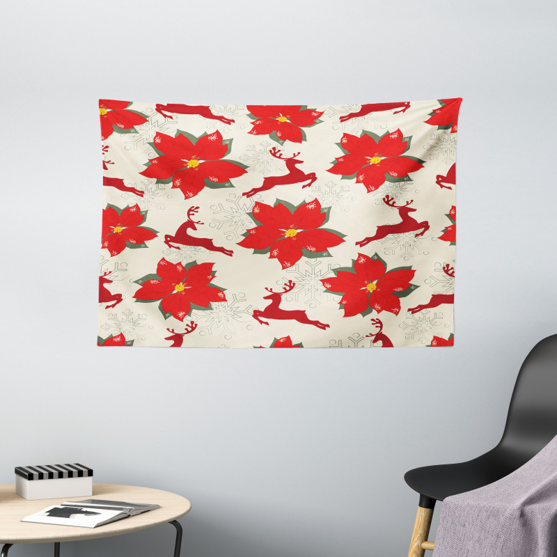 Poinsettia Reindeer Wide Tapestry