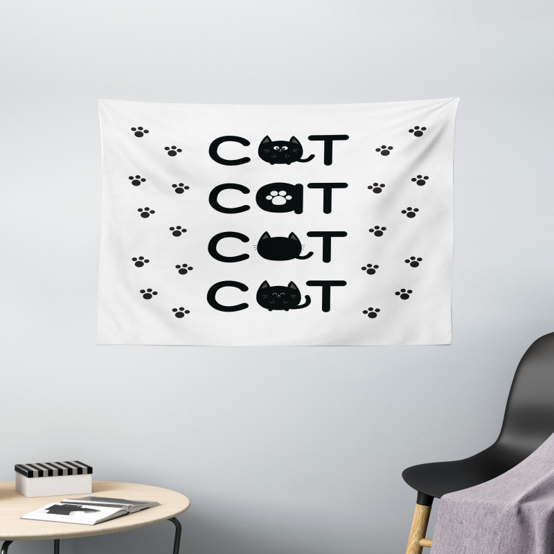 Cat Text with Paw Prints Wide Tapestry