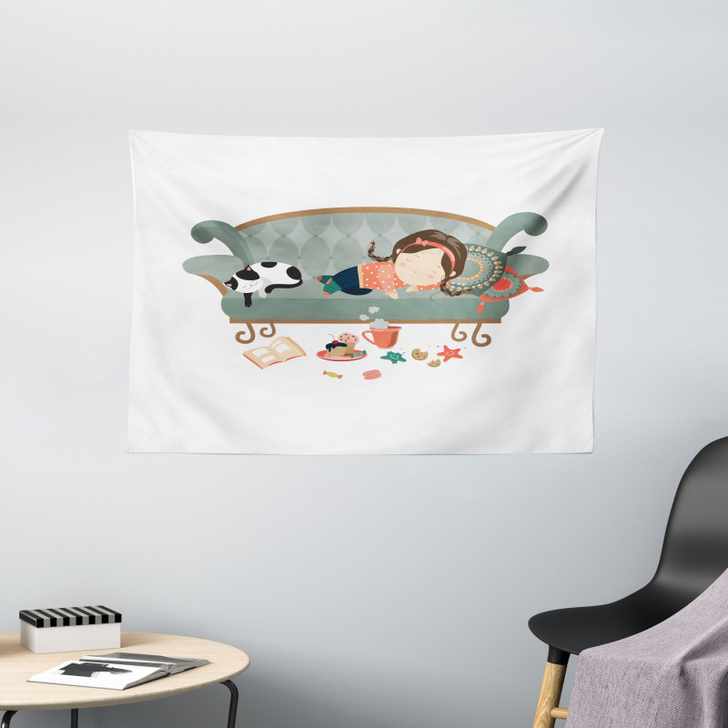Sleeping Girl with Cat Wide Tapestry