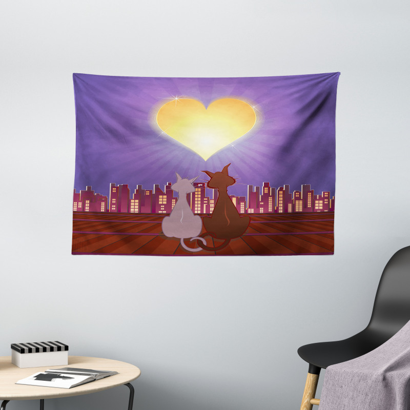Cat Couple Heart Moon Wide Tapestry