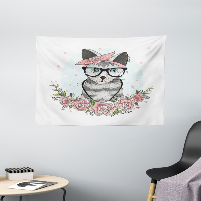 Hipster Cool Cat Portrait Wide Tapestry