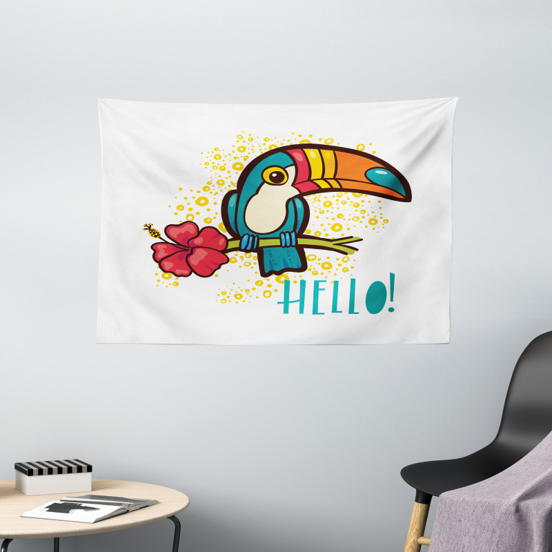 Toucan Bird with Hibiscus Wide Tapestry
