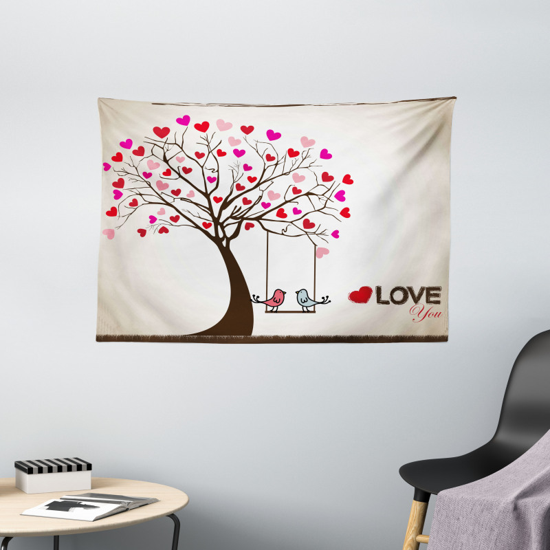 Heart Tree Birds on Swing Wide Tapestry