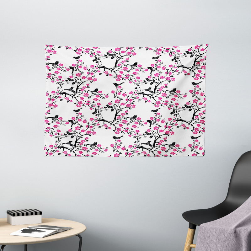 Sakura Tree Bird Wide Tapestry