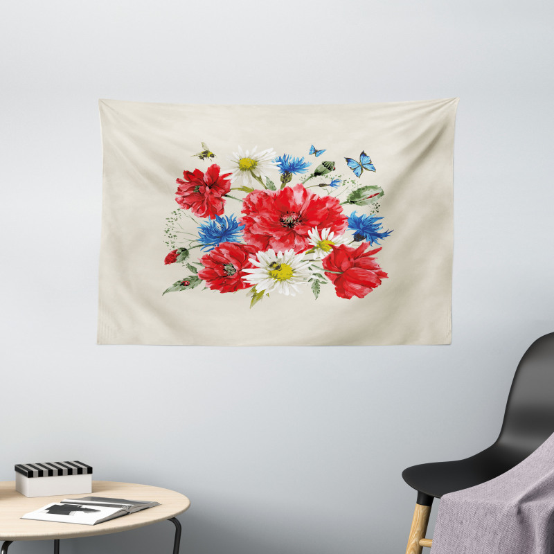 Vintage Poppies Daisy Wide Tapestry