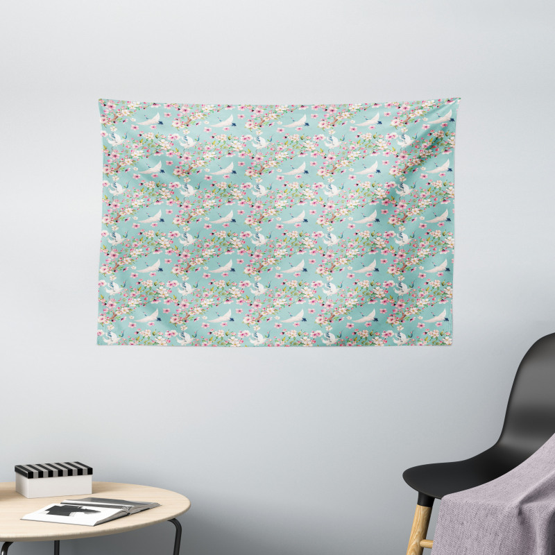 Watercolor Flying Crane Wide Tapestry