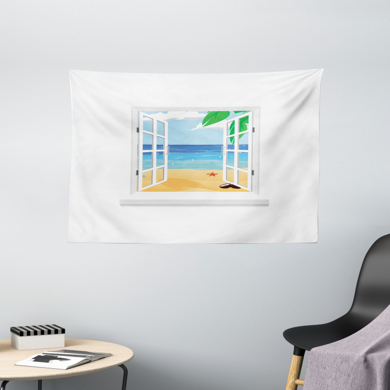 Window View Ocean Leaves Wide Tapestry