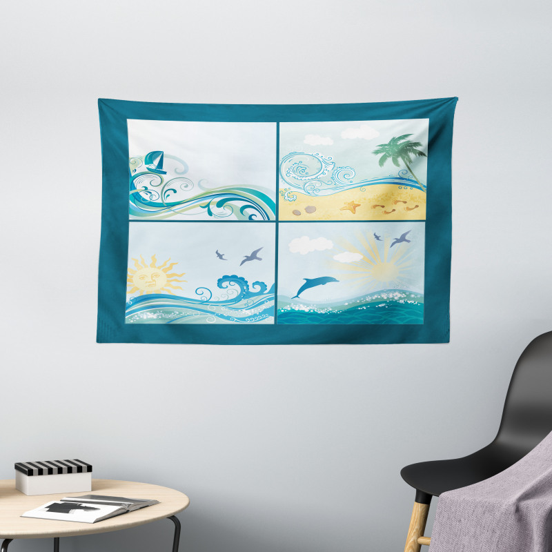 Maritime Themed Waves Wide Tapestry