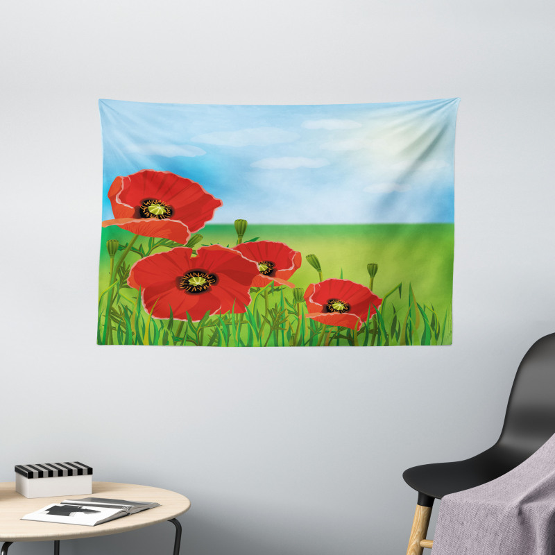 Sunny Day Red Blossoms Wide Tapestry