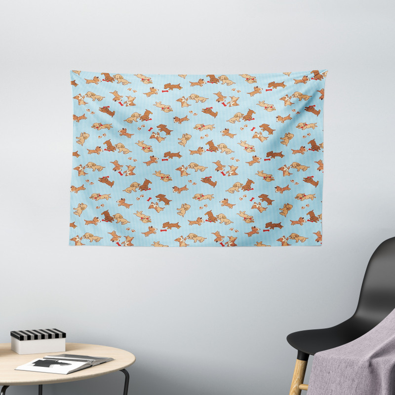 Playful Golden Puppy Wide Tapestry