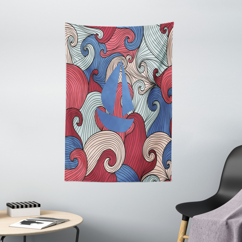 Blue Boat Silhouette Tapestry