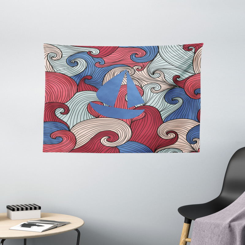 Blue Boat Silhouette Wide Tapestry