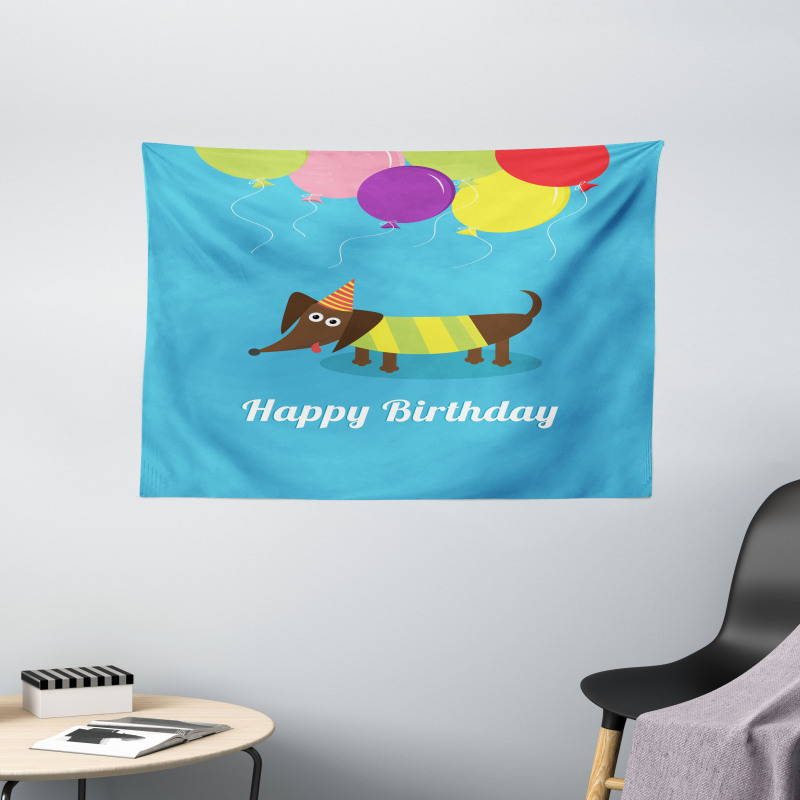 Dog and Balloons Wide Tapestry