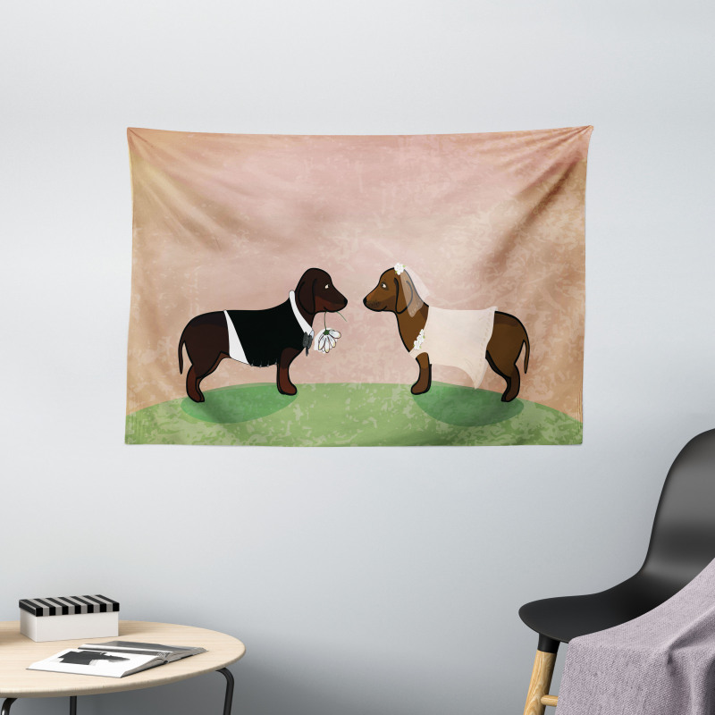 Cartoon Dog Marriage Wide Tapestry