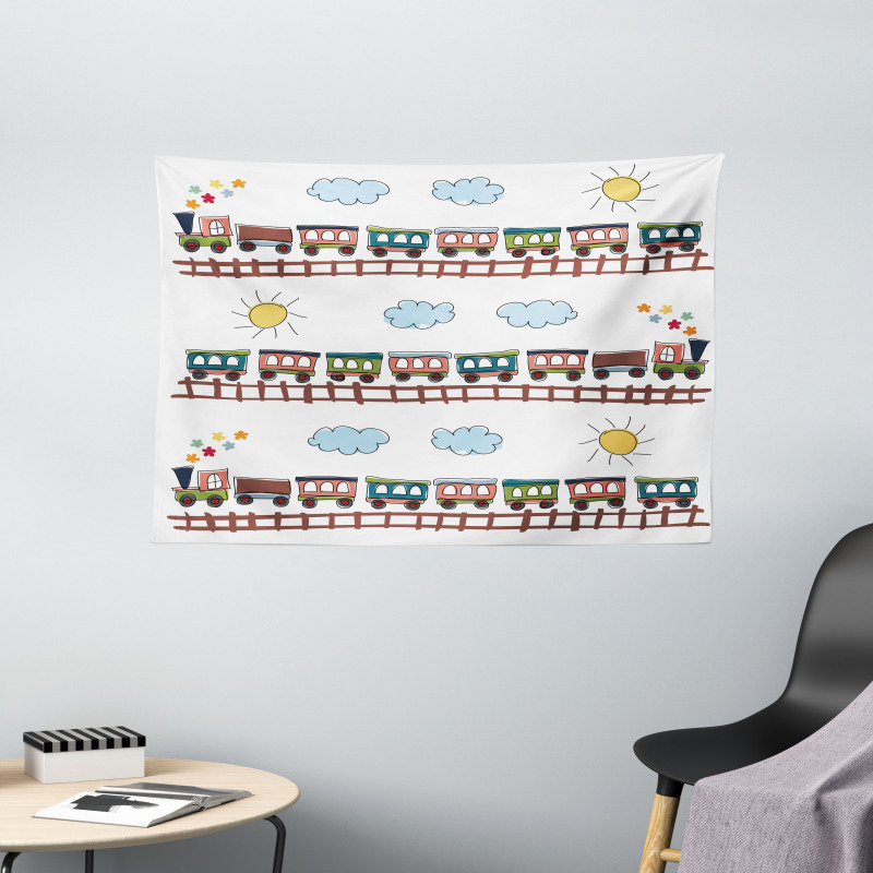 Cartoon Train Tracklines Wide Tapestry