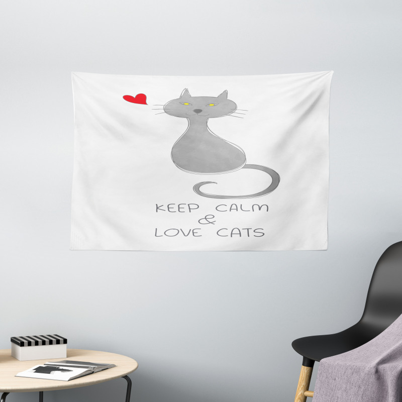 Grey Cat Red Heart Wide Tapestry