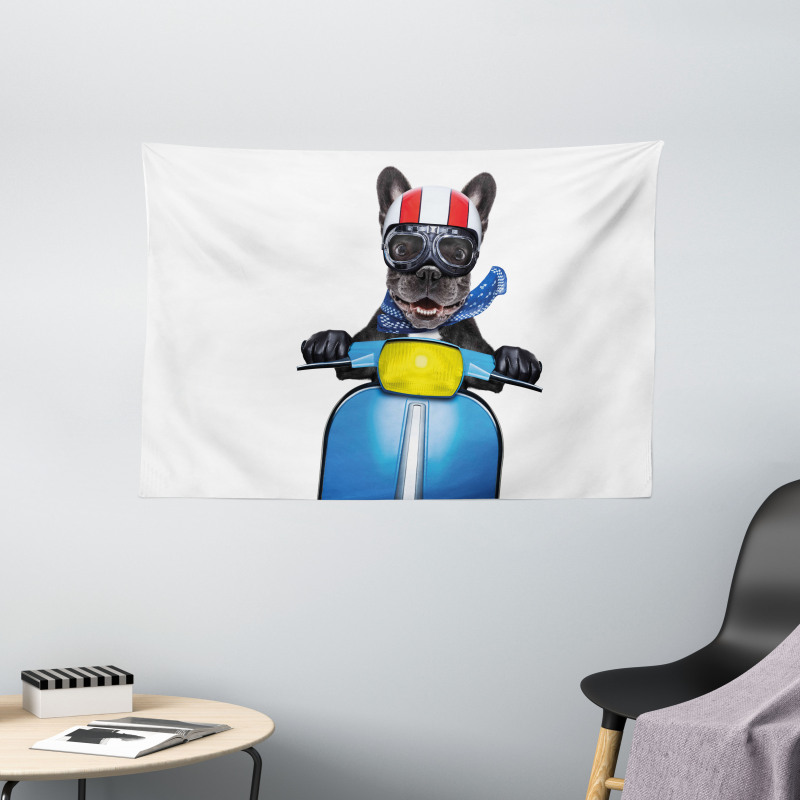 Bulldog on a Scooter Wide Tapestry