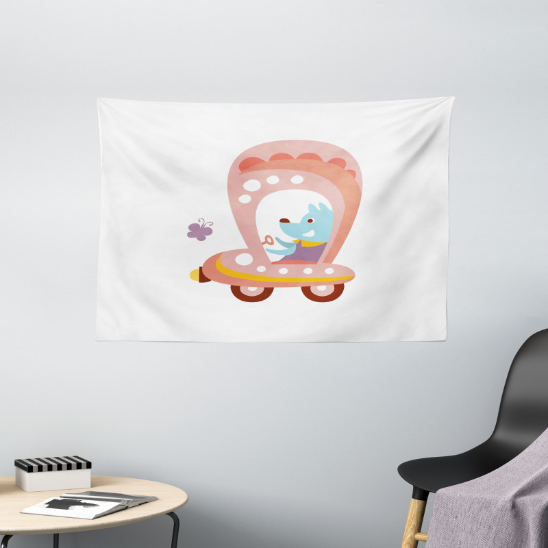 Cartoon Car Puppy Wide Tapestry