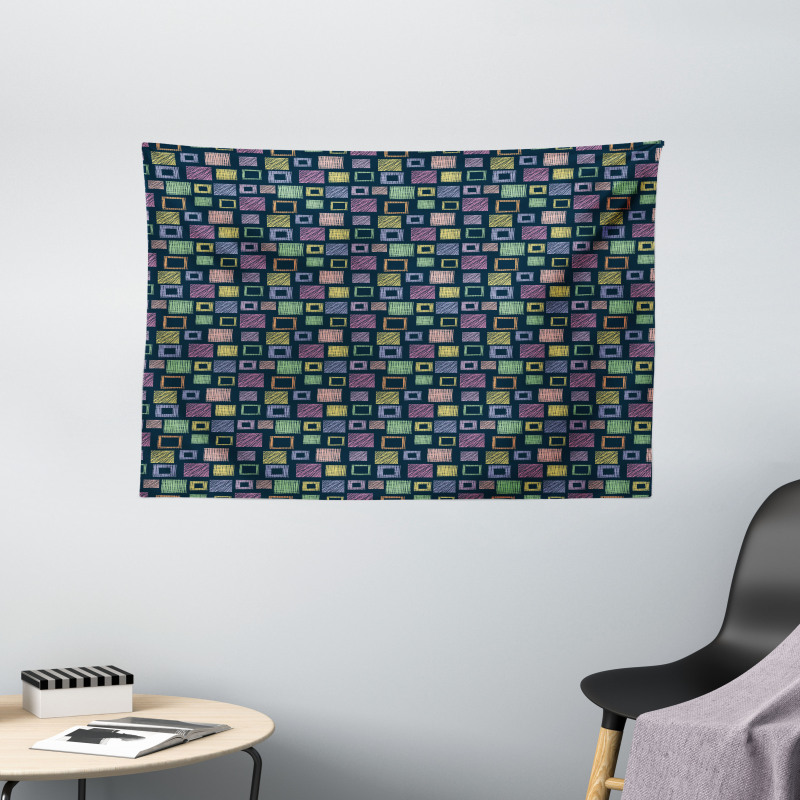 Hand Drawn Squares Wide Tapestry