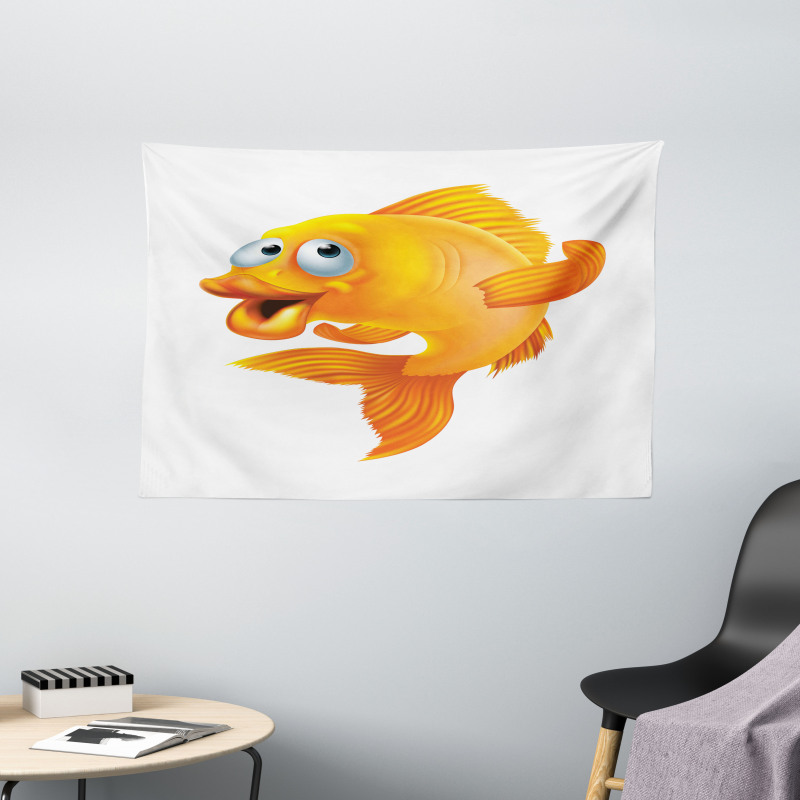 Happy Playful Goldfish Wide Tapestry