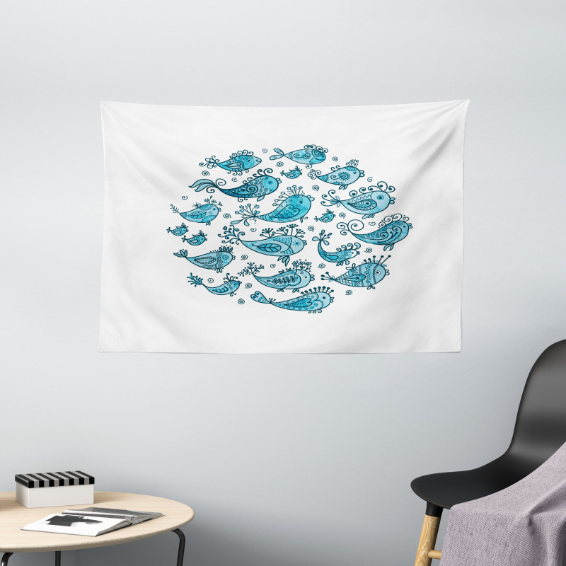 School of Fish Sketch Art Wide Tapestry