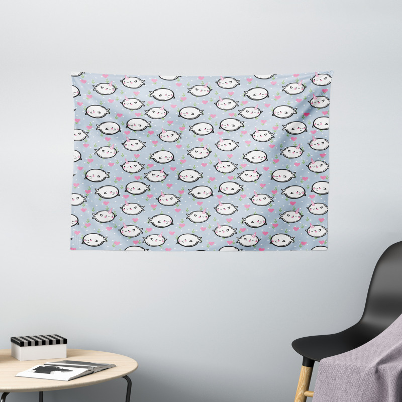 Cartoon Whales Hearts Wide Tapestry