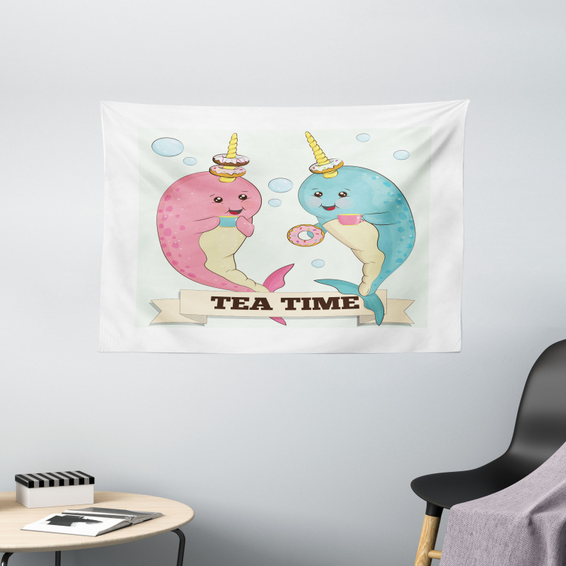 Tea Drinking Whales Wide Tapestry
