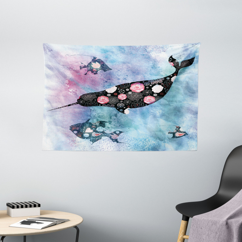 Floral Whale and Fish Wide Tapestry